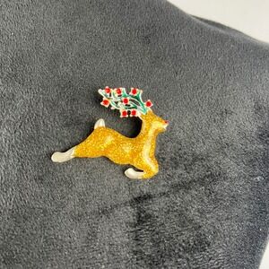 Vtg 60s 70s Nina Ricci Gold Glitter Rhinestone Reindeer Christmas Pin Brooch EUC
